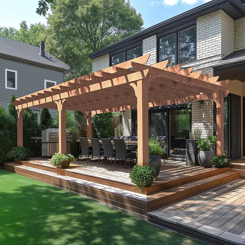 Wooden pergola covering an outdoor dining area with grill